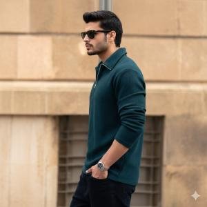 Men Solid Zip Neck Polycotton Dark Green T-Shirt