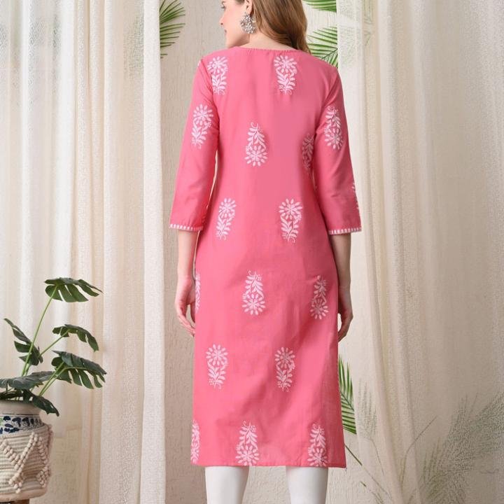 Women Chikan Embroidery Pure Cotton Straight Kurta