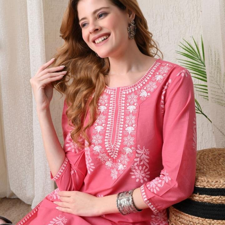 Women Chikan Embroidery Pure Cotton Straight Kurta