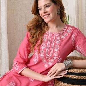 Women Chikan Embroidery Pure Cotton Straight Kurta