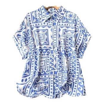 Women's Polyester Shirt with Pocket Half Raglan Sleeves Spread Collar Neck Geometric Printed Relaxed Fit and Standard Length